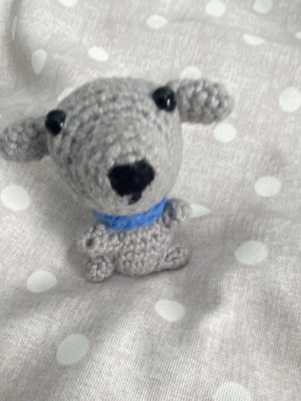 Handmade Crochet Gray Dog Plush Stuffed Animal Mini w/ Blue Collar Under 6 in